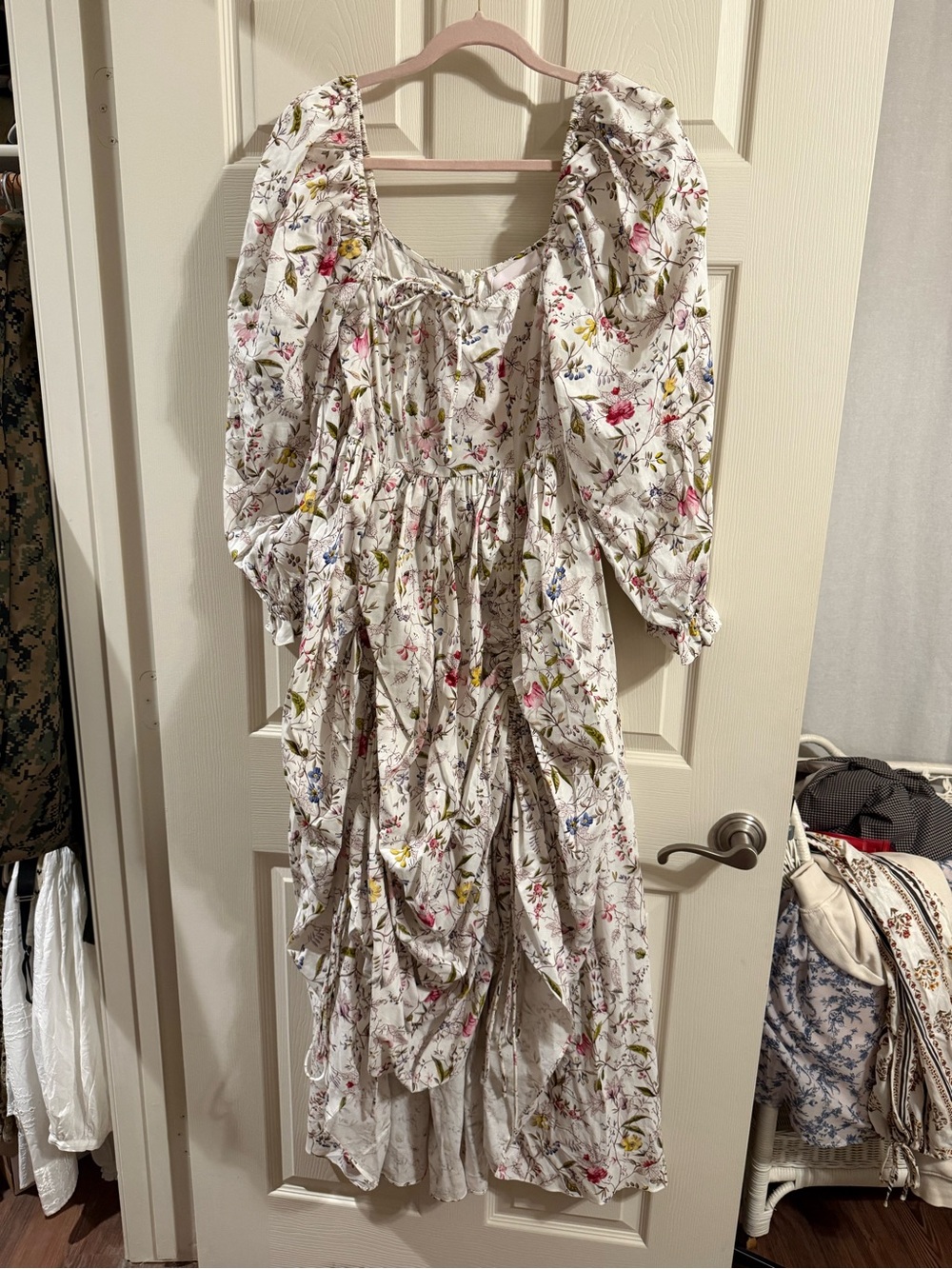 Free People White Floral Maxi Dress with Puff Sleeves